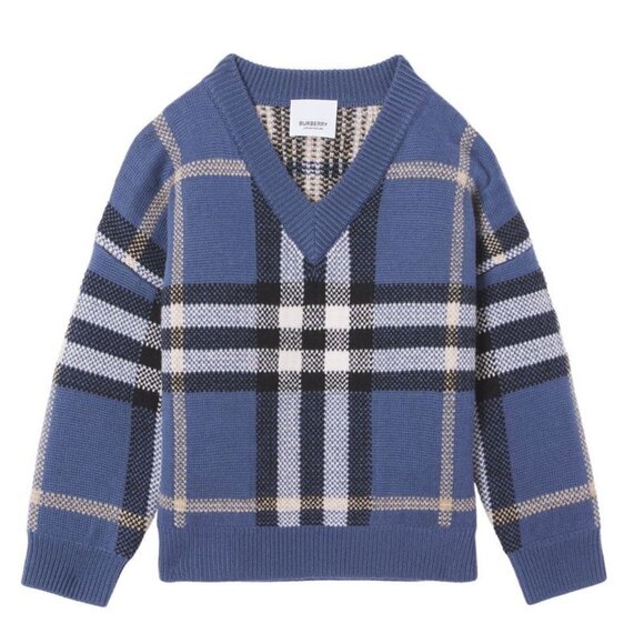 NEW Authentic Burberry Kid’s Blue Check Intarsia Wool Cashmere Sweater - Picture 4 of 8